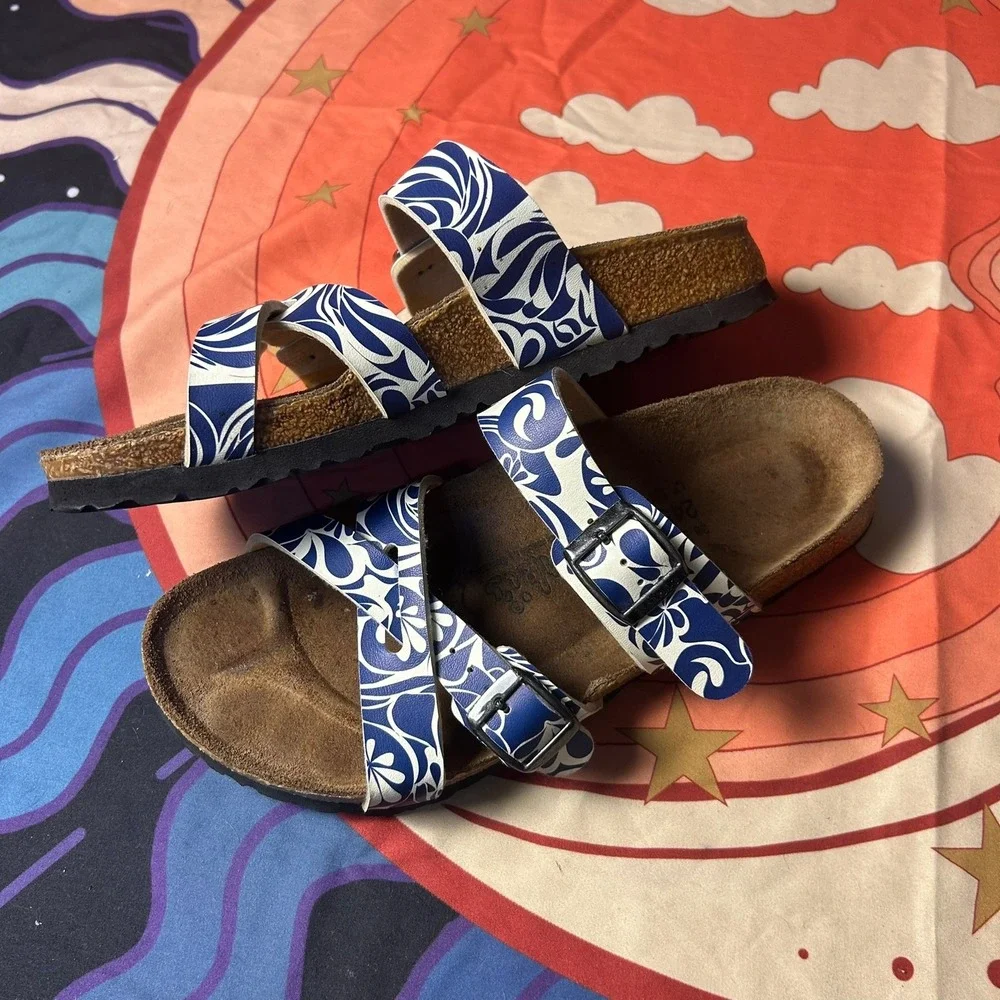 Birkis by Birkenstock Salina Blue White Floral Sandals Womens 7.5 EU 38 Comfort